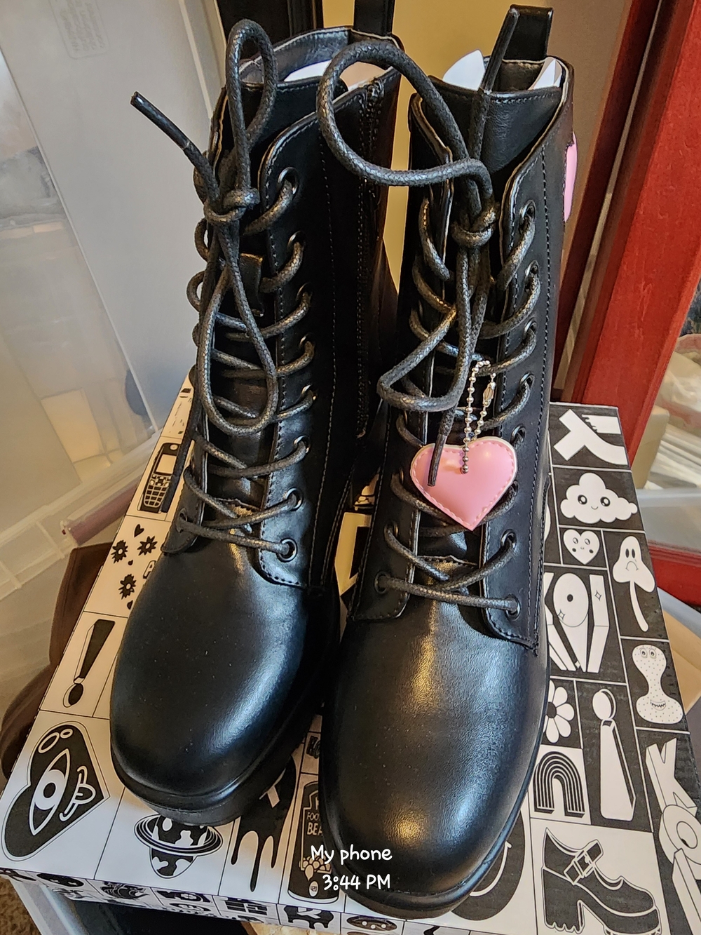 koi Black Lace-Up Platform Combat Boots with Pink Heart - Picture 4 of 4
